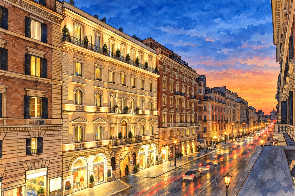 Illustration of the illuminated Hotel Artemide façade on Via Nazionale at dusk. Illustration of the illuminated Hotel Artemide façade on Via Nazionale at dusk.