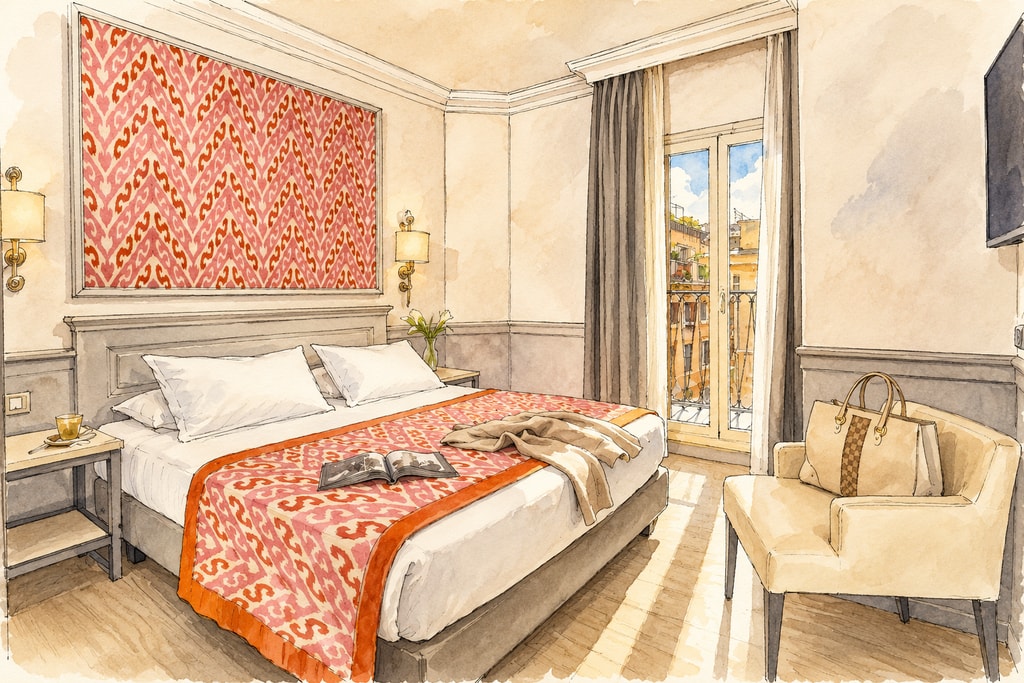 Illustration of a Hotel Della Conciliazione room with red and orange decorative details. Illustration of a Hotel Della Conciliazione room with red and orange decorative details.