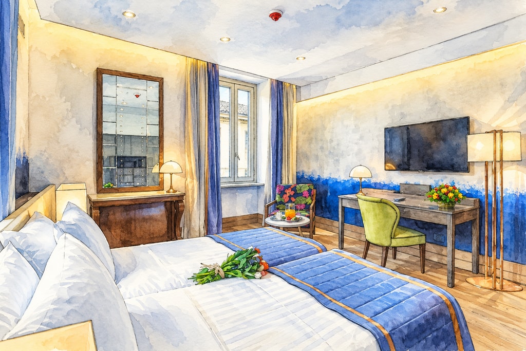 Illustration of a Hotel Martis Palace room with a double bed, desk and blue wall detail. Illustration of a Hotel Martis Palace room with a double bed, desk and blue wall detail.